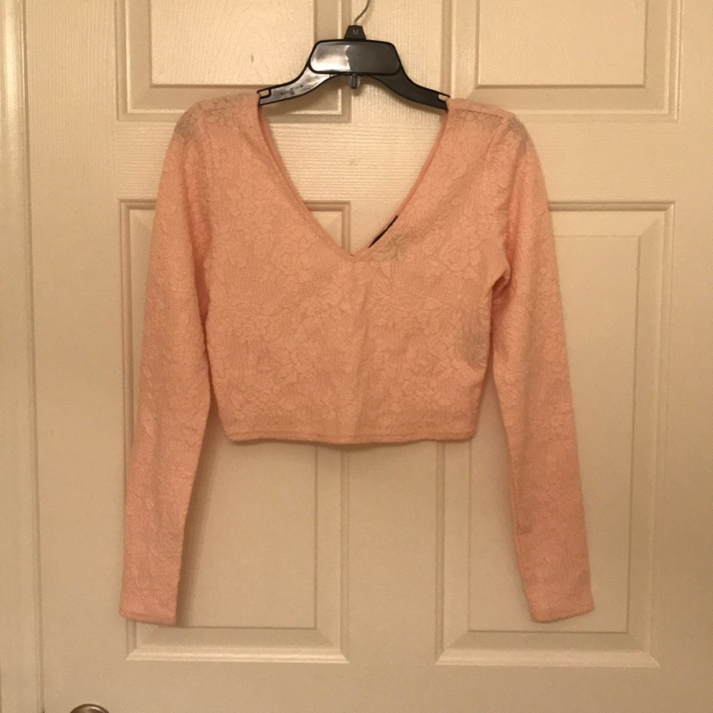 Forever21 Soft Pink Floral Long Sleeve Crop Top